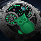 Lucky Harvey ZLS104-1 owl automatic watch glowing green lume in the dark, dial close-up