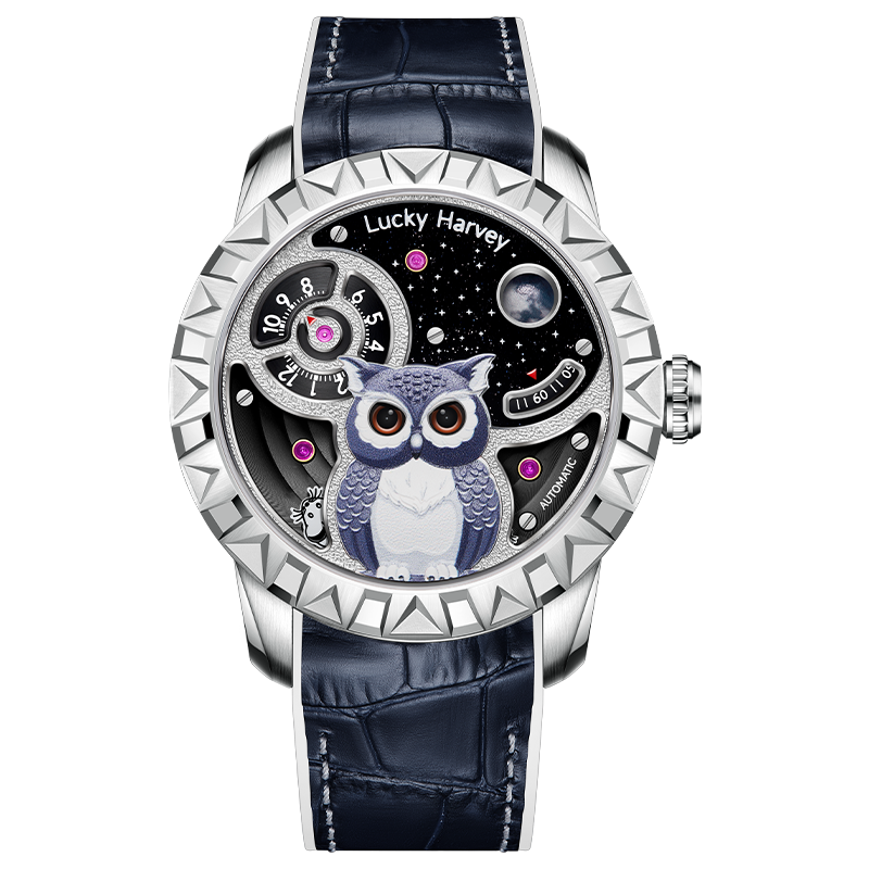 Lucky Harvey ZLS104-1 silver owl automatic watch with starry dial, front view