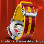 Lucky Harvey ZLS105-1 lion dance watch leather and fluororubber strap with branded buckle close-up
