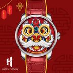 Lucky Harvey ZLS105-1 red lion dance automatic watch in festive scene with Chinese lanterns and brand logo