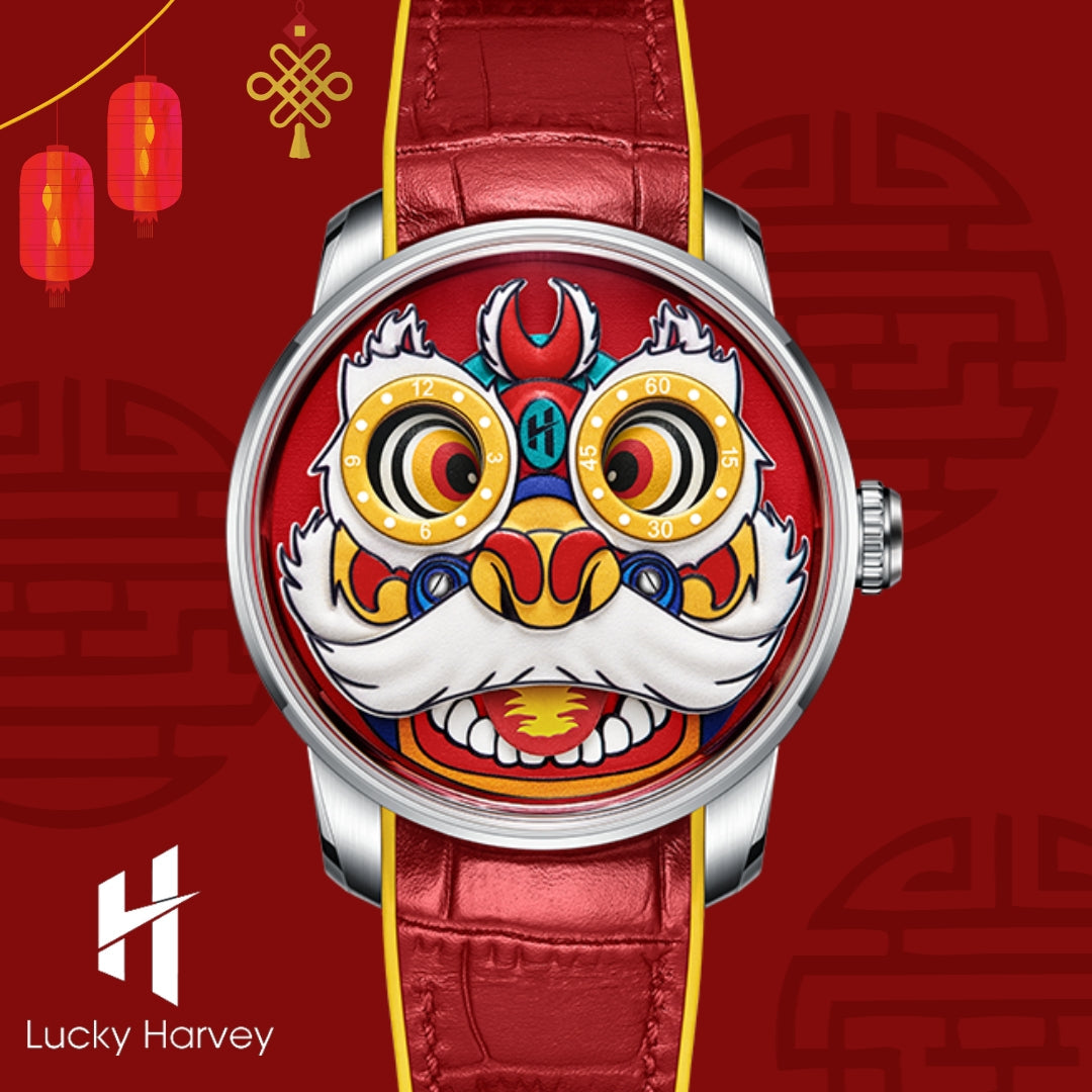 Lucky Harvey ZLS105-1 red lion dance automatic watch in festive scene with Chinese lanterns and brand logo