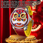 Lucky Harvey ZLS105-1 red lion dance automatic watch displayed on golden studded pedestal in red scene