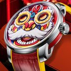 Lucky Harvey ZLS105-1 red lion dance automatic watch three-quarter side view showing case profile and crown