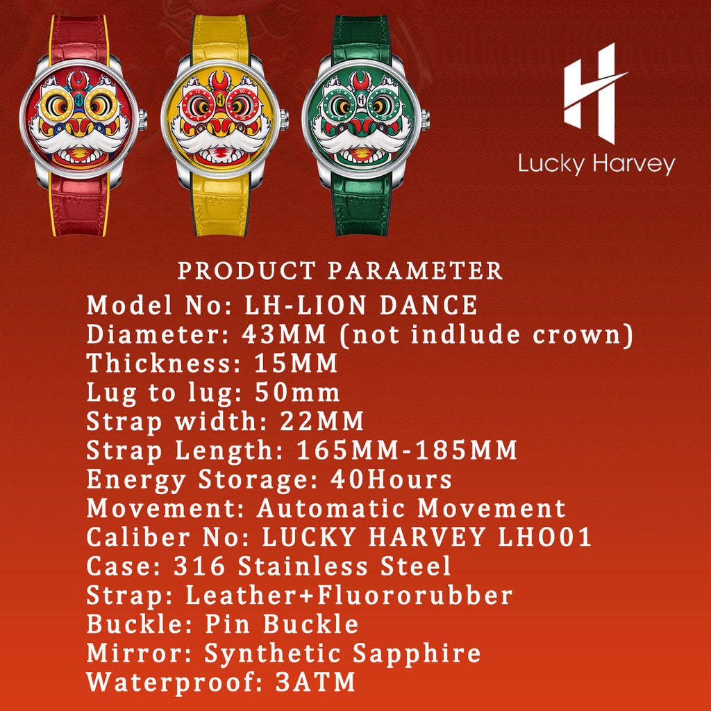 Lucky Harvey ZLS105-1 lion dance watch product parameter spec sheet with three color variants
