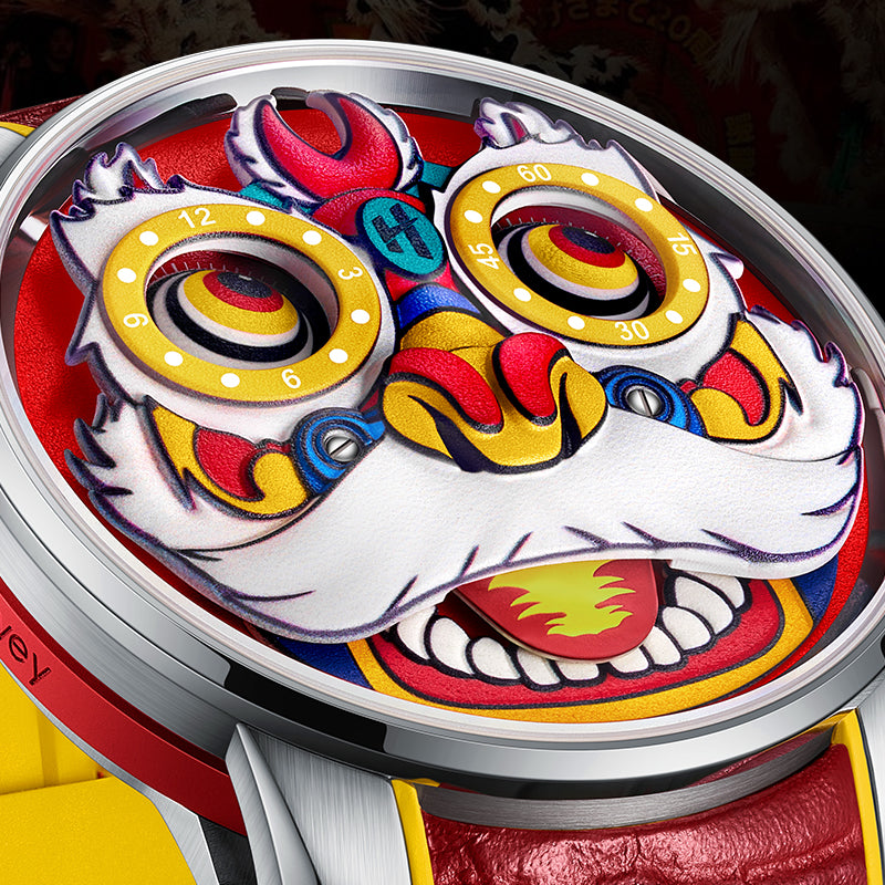 Lucky Harvey ZLS105-1 lion dance watch dial close-up showing 3D lion face with moving eye sub-dials