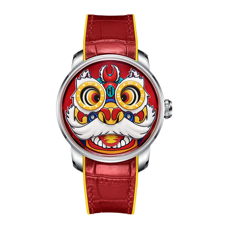 Lucky Harvey ZLS105-1 red lion dance automatic watch with red strap, front view