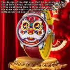 Lucky Harvey ZLS105-2 lion dance automatic watch displayed on pedestal in red curtain lifestyle scene