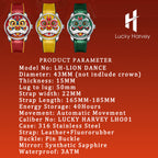 Lucky Harvey ZLS105-2 lion dance watch product parameter specifications sheet with three colorways