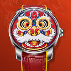 Lucky Harvey ZLS105-2 lion dance watch with red dial and red strap on festive red background