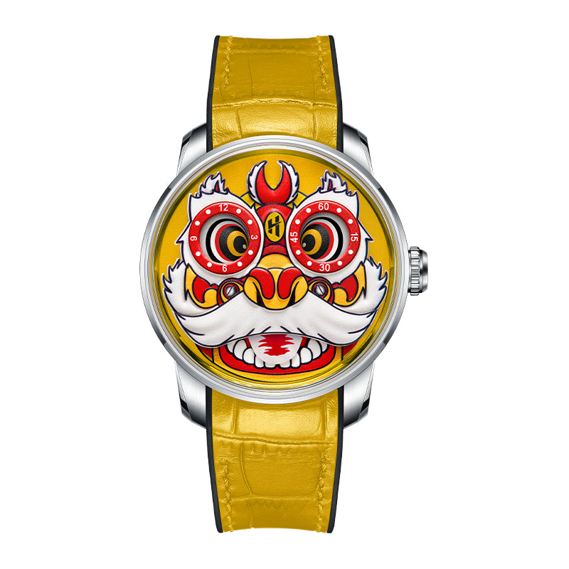 Lucky Harvey ZLS105-2 yellow lion dance automatic watch with yellow strap, front view