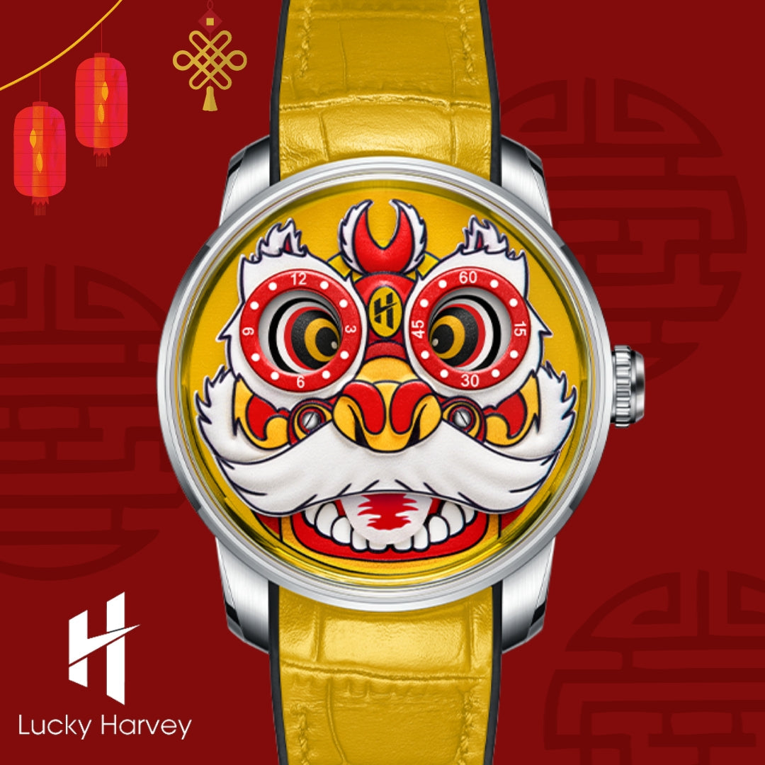Lucky Harvey ZLS105-2 yellow lion dance automatic watch in festive Chinese lantern lifestyle scene