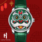 Lucky Harvey ZLS105-3 green lion dance watch in festive scene with red lanterns and Lucky Harvey logo