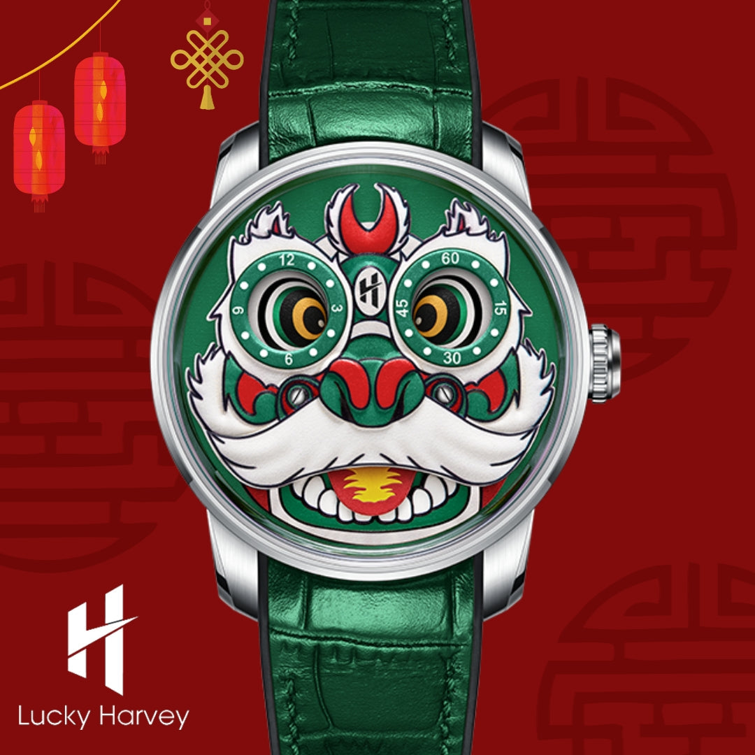 Lucky Harvey ZLS105-3 green lion dance watch in festive scene with red lanterns and Lucky Harvey logo