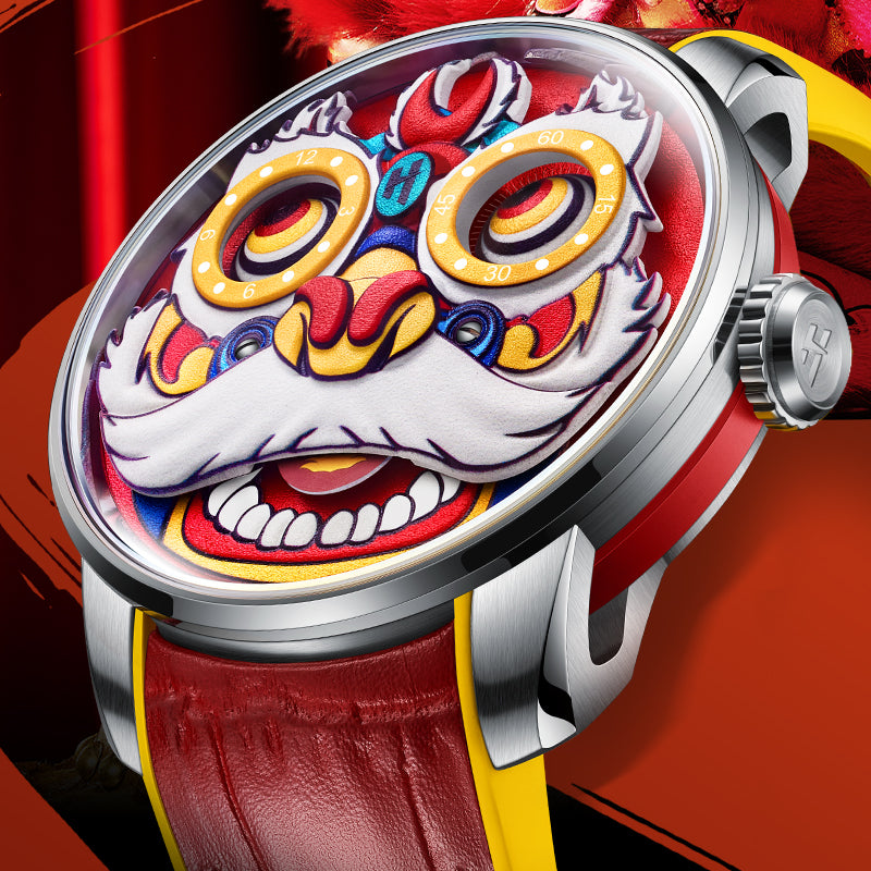 Lucky Harvey ZLS105-3 red lion dance watch three-quarter side view showing crown and case profile
