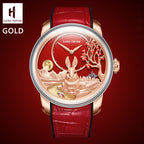Lucky Harvey ZLS201-1 gold rabbit automatic watch with red dial, front view of variant