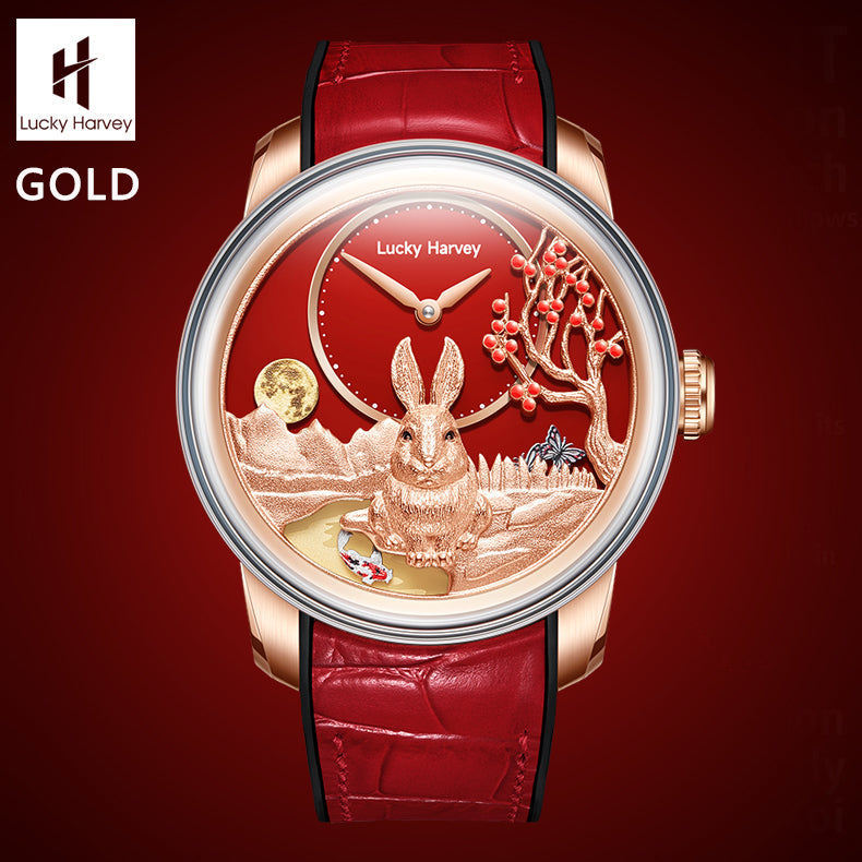 Lucky Harvey ZLS201-1 gold rabbit automatic watch with red dial, front view of variant