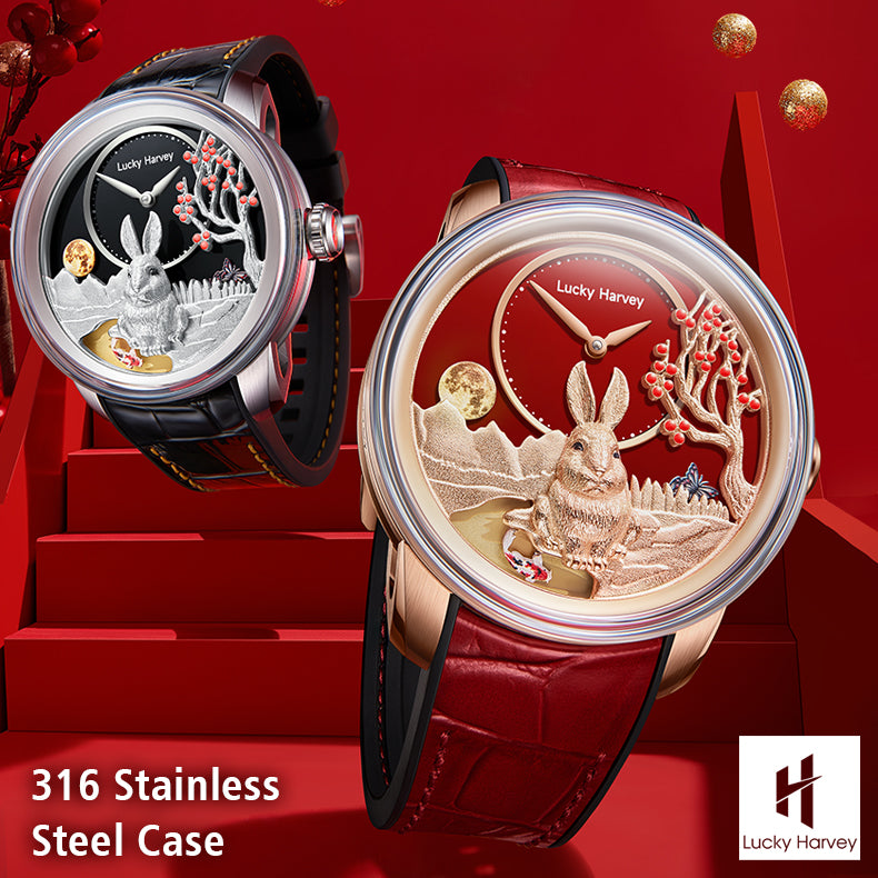 Lucky Harvey ZLS201-1 silver and gold rabbit watches together highlighting 316 stainless steel case