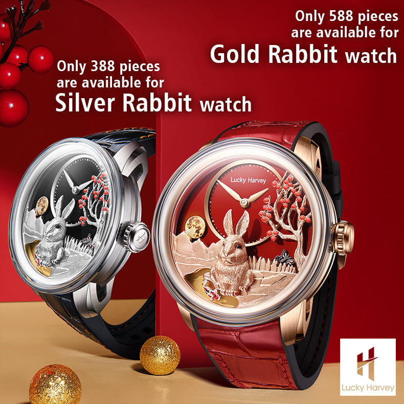 Lucky Harvey ZLS201-1 silver rabbit and gold rabbit watches with limited edition piece counts