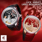 Lucky Harvey ZLS201-1 silver and gold rabbit automatic watches displayed side by side with LH001 movement label