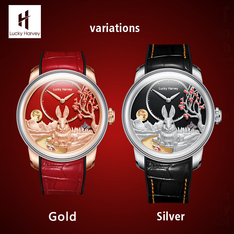 Lucky Harvey ZLS201-1 rabbit watch variations showing gold and silver versions side by side