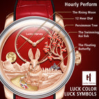 Lucky Harvey ZLS201-1 rabbit watch dial detail showing rising moon, persimmon tree, koi fish and butterfly