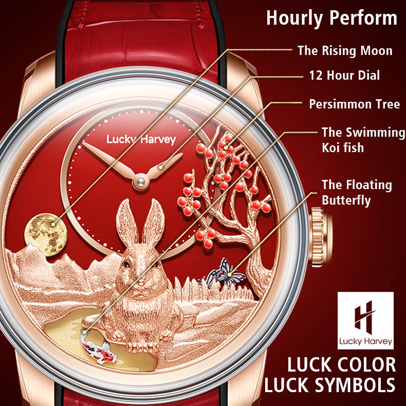 Lucky Harvey ZLS201-1 rabbit watch dial detail showing rising moon, persimmon tree, koi fish and butterfly
