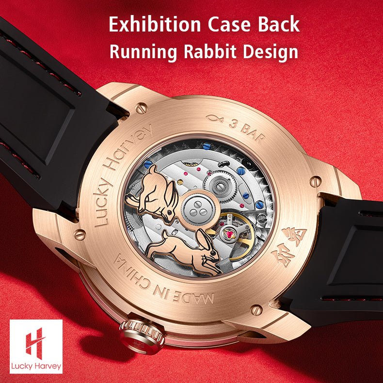 Lucky Harvey ZLS201-1 rabbit watch exhibition caseback showing automatic movement and running rabbit design