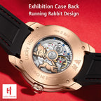 Lucky Harvey ZLS201-1 rabbit watch exhibition caseback showing automatic movement and running rabbit design