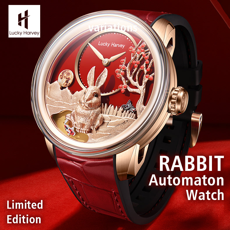 Lucky Harvey ZLS201-1 rabbit automaton watch shown at an angle in a red themed lifestyle scene