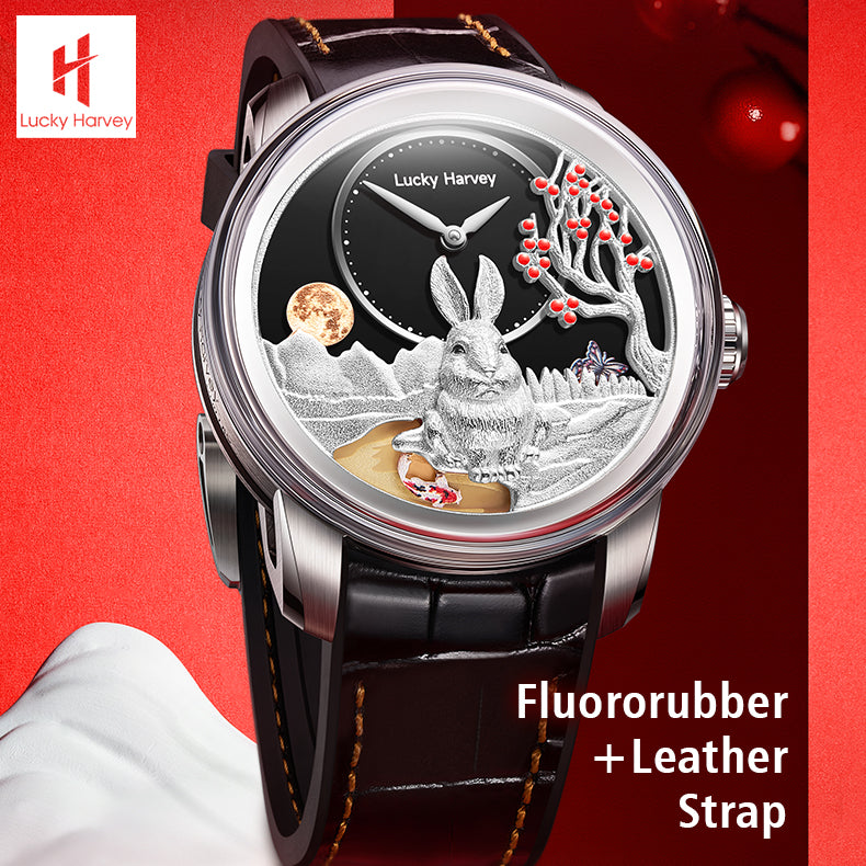 Lucky Harvey ZLS201-1 silver rabbit automatic watch held in hand showing fluororubber leather strap