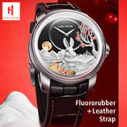 Lucky Harvey ZLS201-1 silver rabbit automatic watch held in hand showing fluororubber leather strap