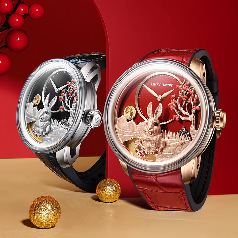 Lucky Harvey ZLS201-2 silver and rose gold rabbit watches in styled scene with cherry branch and gold ornaments