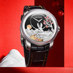 Lucky Harvey ZLS201-2 silver rabbit automatic watch with black dial in red themed lifestyle scene
