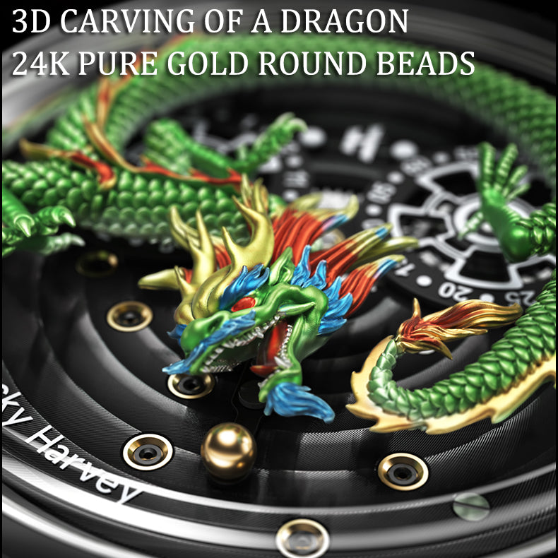 Lucky Harvey ZLS202-1 3D carved green dragon dial detail with 24K pure gold round bead