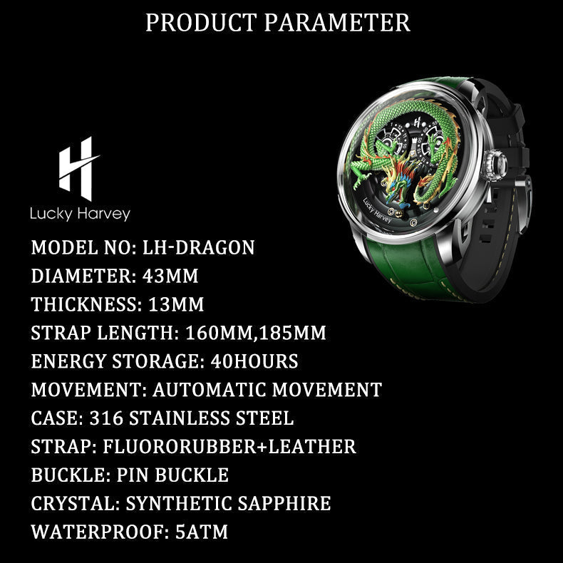 Lucky Harvey ZLS202-1 dragon automatic watch product parameters spec sheet with dimensions and materials