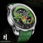 Lucky Harvey ZLS202-1 green dragon automatic watch with green leather strap in lifestyle scene with foliage
