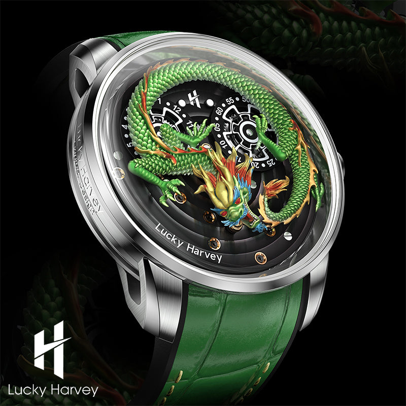 Lucky Harvey ZLS202-1 green dragon automatic watch with green leather strap in lifestyle scene with foliage