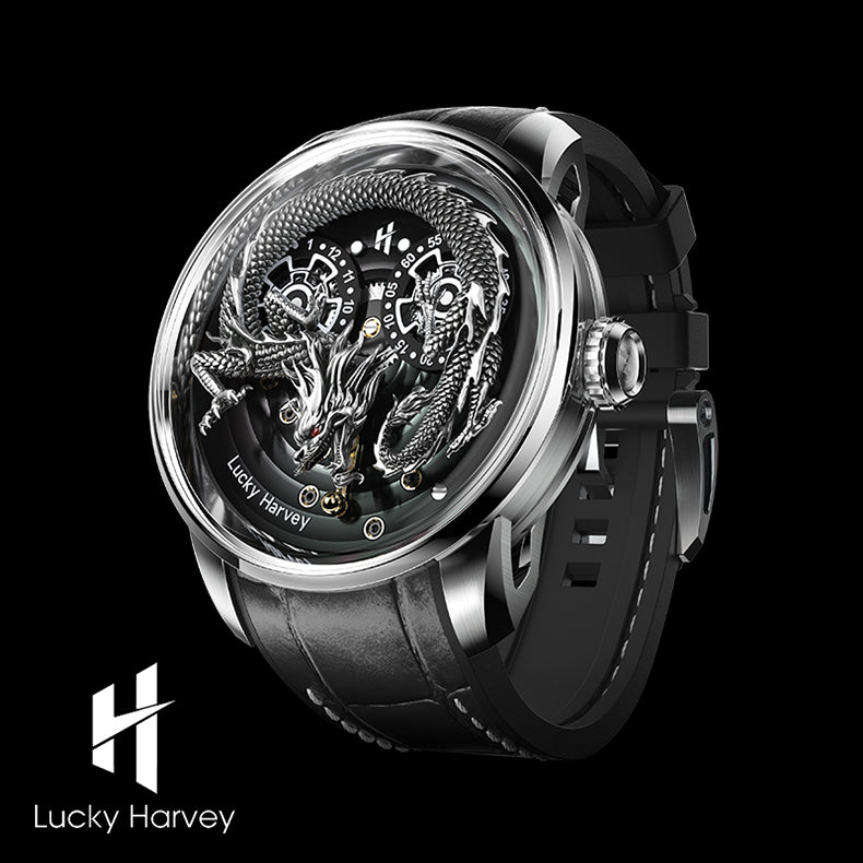 Lucky Harvey ZLS202-1 silver dragon automatic watch with black dial, three-quarter view with brand logo