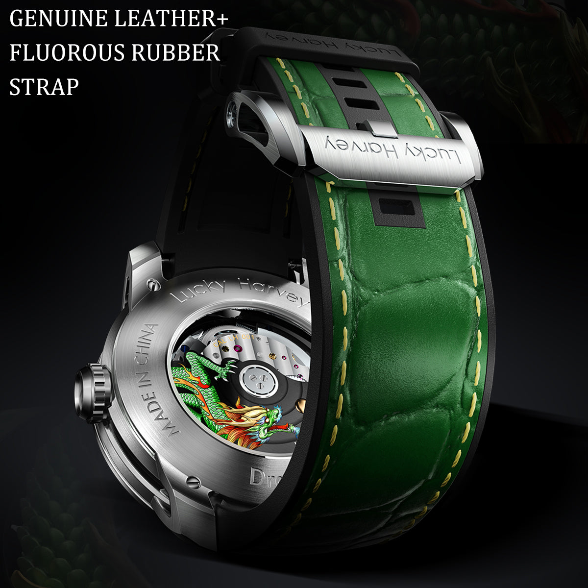 Lucky Harvey ZLS202-3 dragon watch genuine leather and fluorous rubber strap clasp closure