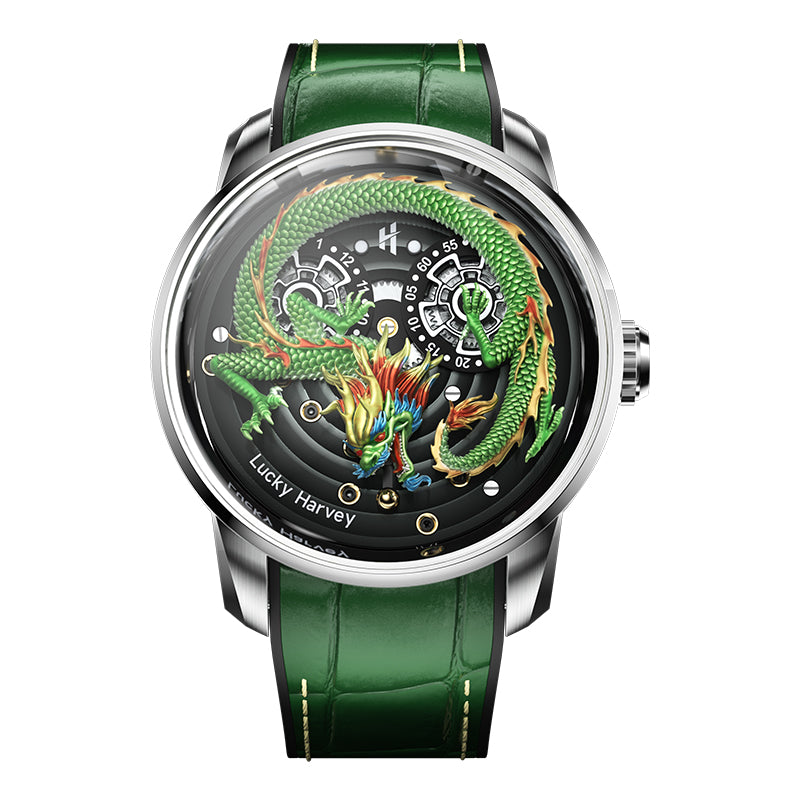 Lucky Harvey ZLS202-3 green dragon automatic watch with black dial, front view on white background