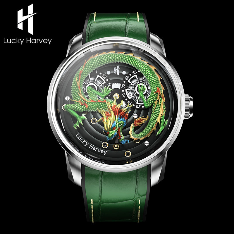 Lucky Harvey ZLS202-3 green dragon automatic watch with branded Lucky Harvey logo on black backdrop