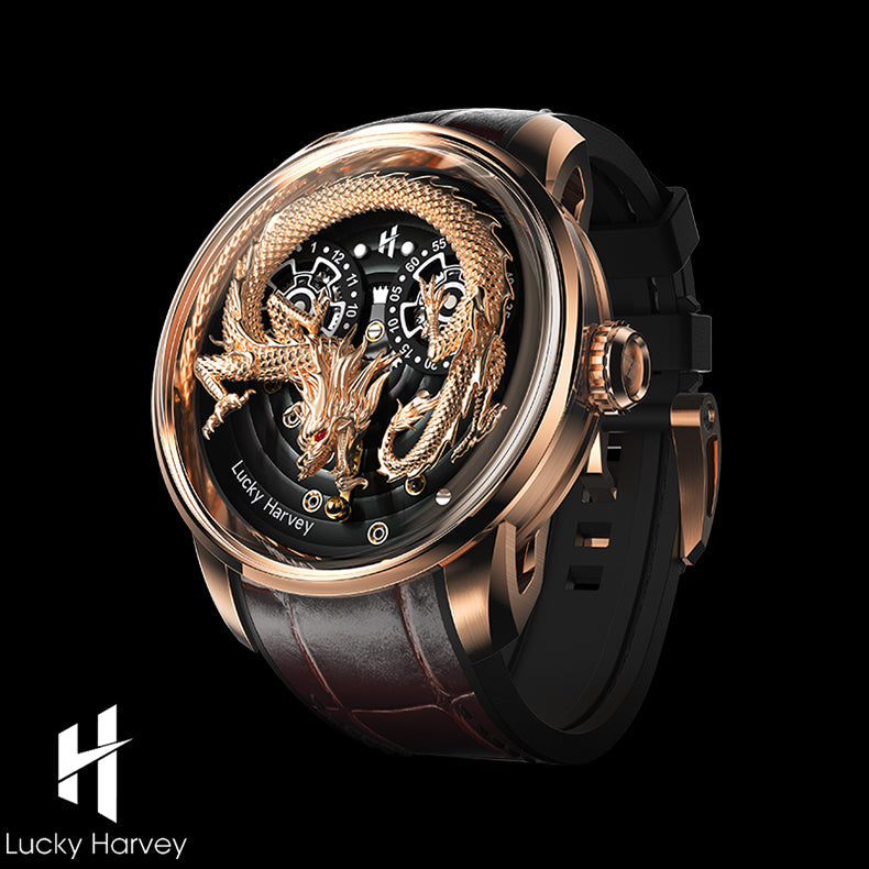 Lucky Harvey ZLS202-3 rose gold dragon watch angled view with brown leather strap