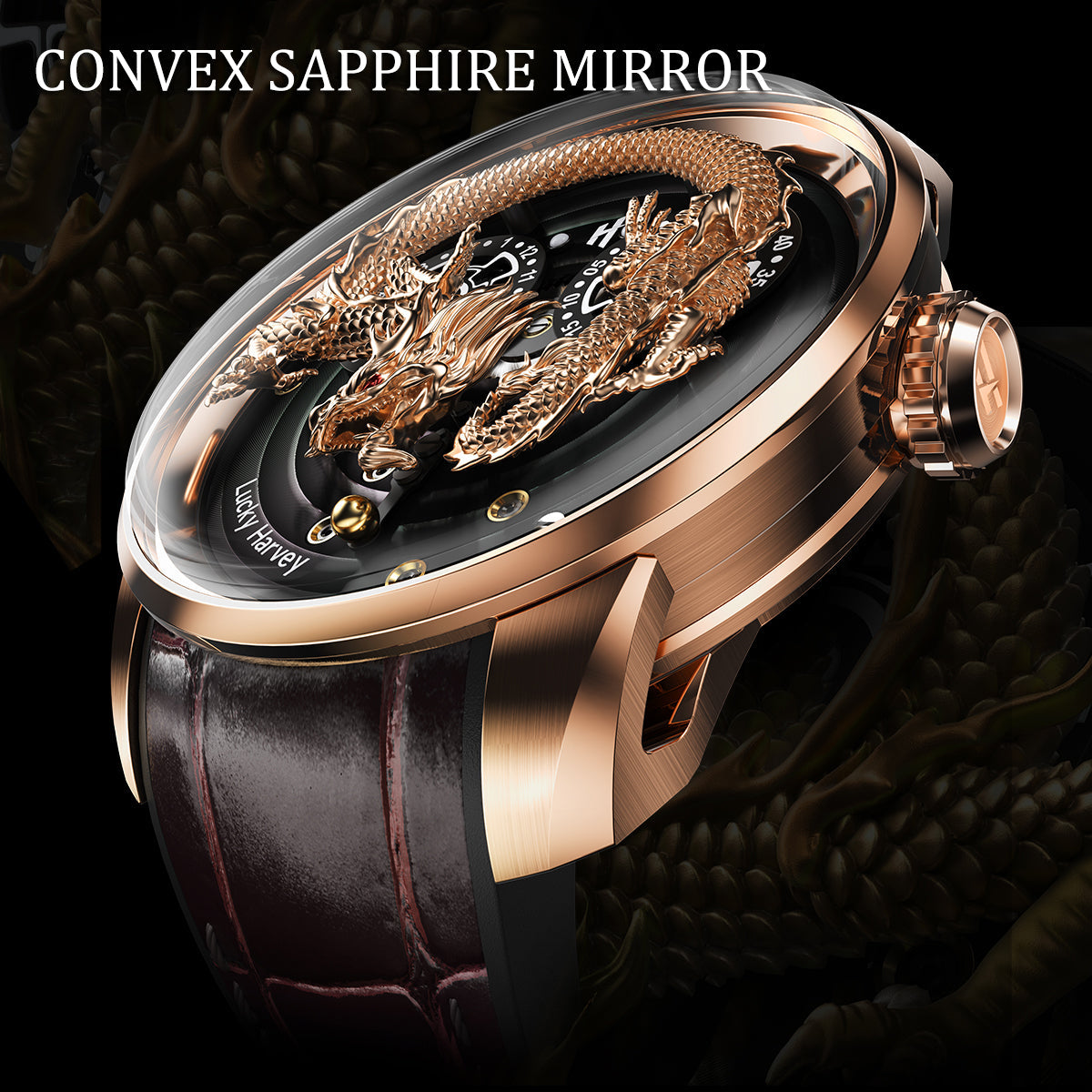 Lucky Harvey ZLS202-3 rose gold dragon automatic watch side view with convex sapphire mirror
