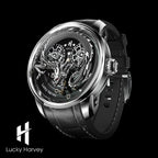 Lucky Harvey ZLS202-3 silver dragon automatic watch angled view with black leather strap