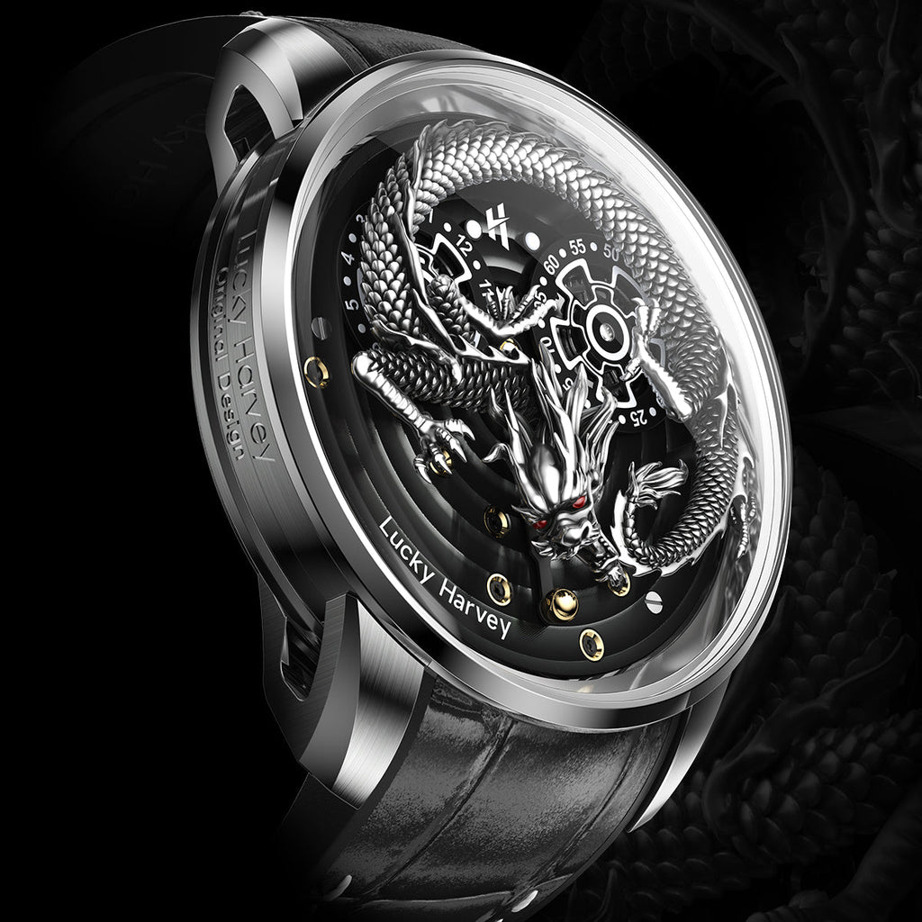 Lucky Harvey ZLS202-3 silver dragon automatic watch side angled view with engraved bezel