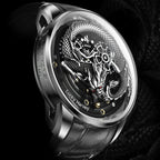 Lucky Harvey ZLS202-3 silver dragon automatic watch side angled view with engraved bezel