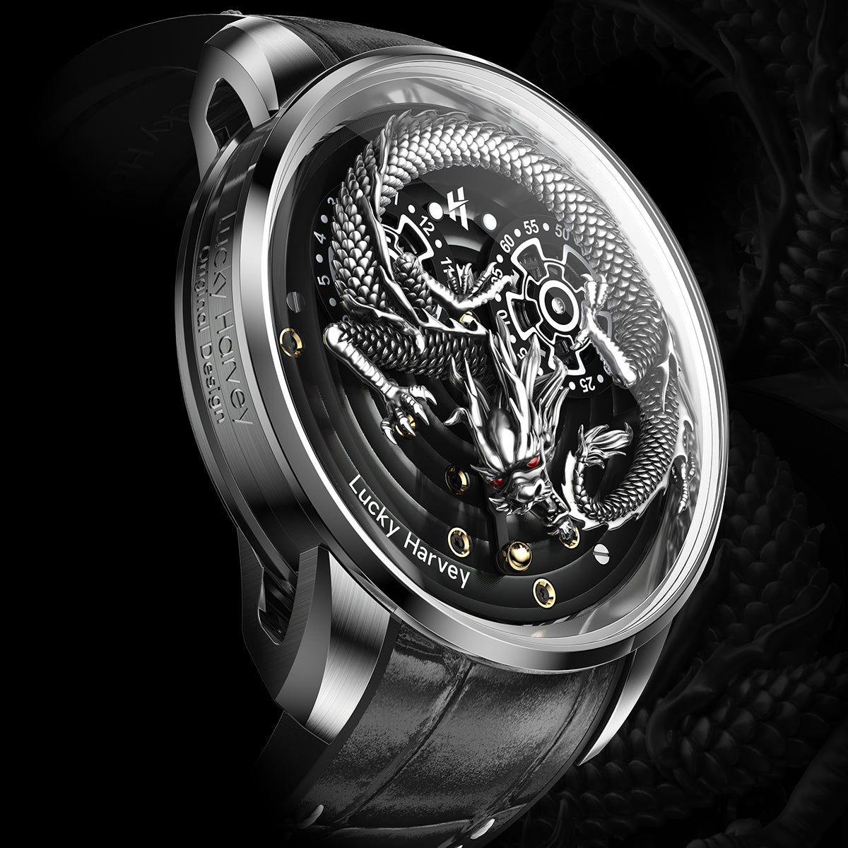 Lucky Harvey ZLS202-3 silver dragon automatic watch side angled view with engraved bezel