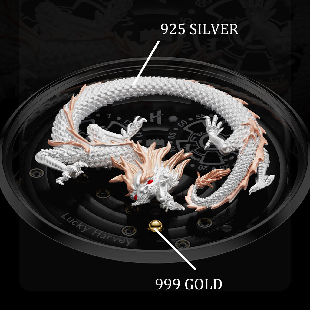 Lucky Harvey ZLS202-4 dragon watch dial detail with 925 silver dragon and 999 gold bead callouts