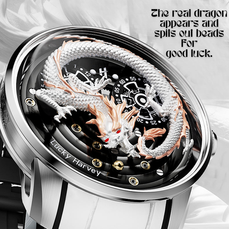 Lucky Harvey ZLS202-4 dragon automatic watch dial detail showing gold beads and Lucky Harvey engraving