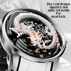 Lucky Harvey ZLS202-4 dragon automatic watch dial detail showing gold beads and Lucky Harvey engraving